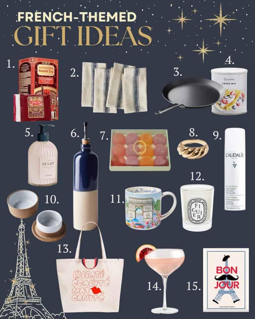 A graphic with a navy background and images of fifteen different French gift ideas pictured, each with a number beside it. The Eiffel Tower is pictured in the botton left corner with golden stars around it.