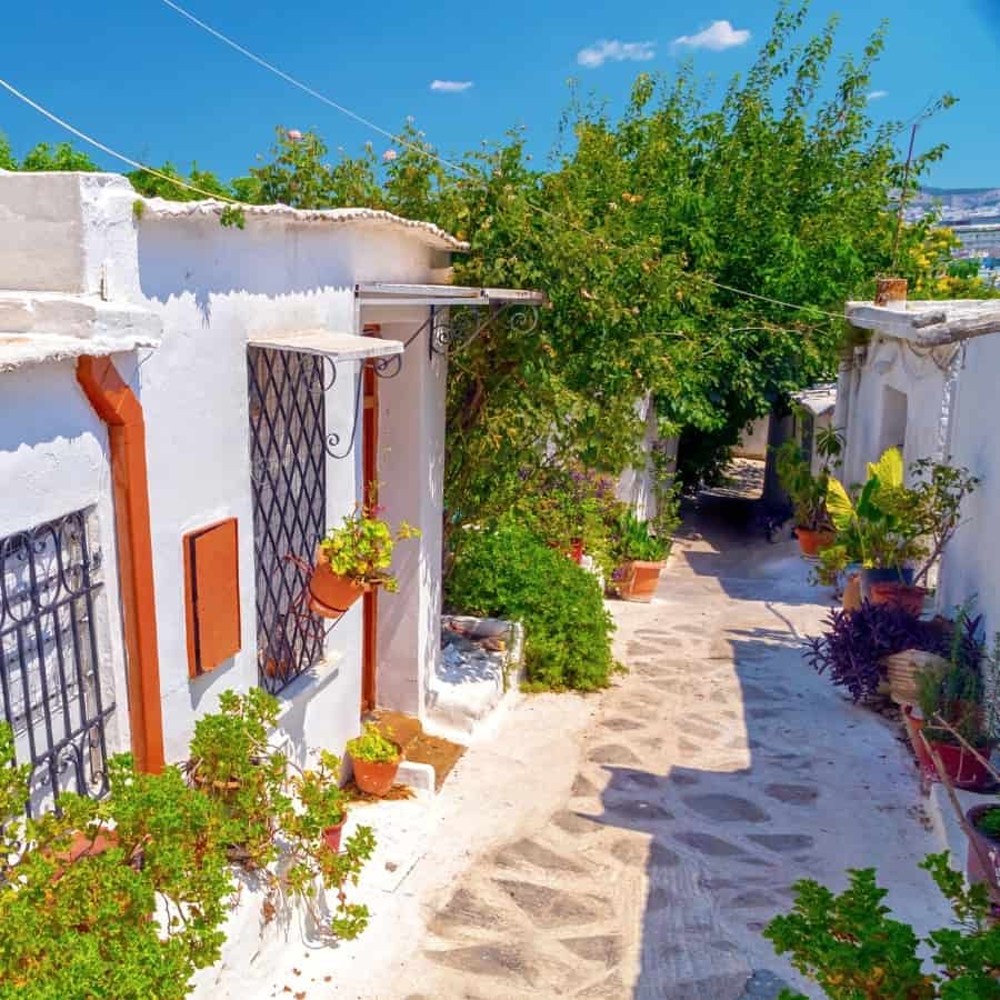 Whitewashed houses with pretty flowers characterize the Anafiotika area of Athens