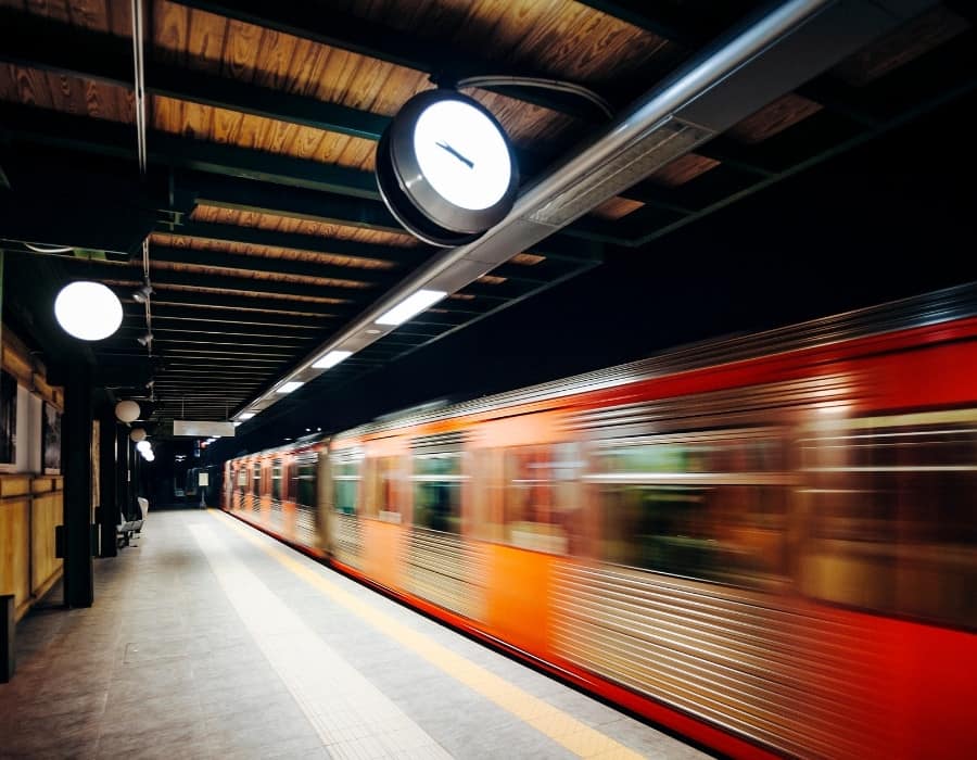 A subway train enters the station in the metro underground transit system in Athens Greece