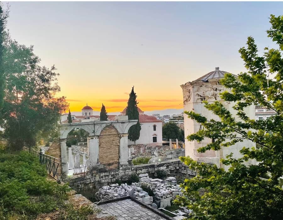 Athens Ancient Roman Forum or Agora at dusk