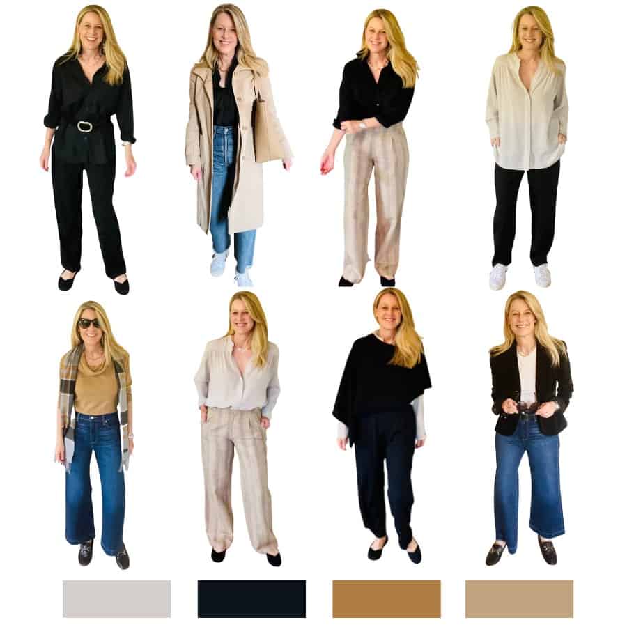 Eight pictures of a woman in different outfits from an autumn capsule wardrobe. Color bars are shown at the bottom of the photo in black, grey, tan and camel.