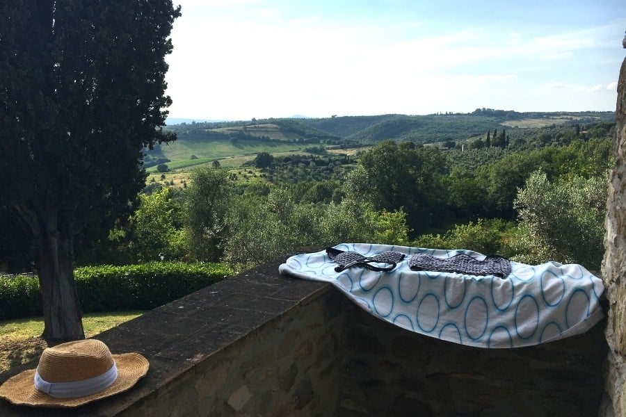 A balcony with a view of the Umbrian hills, at Antica Olivaia Agriturismo