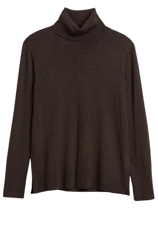 A women's dark brown turtleneck is pictured against a white background. It's a slightly loose style.
