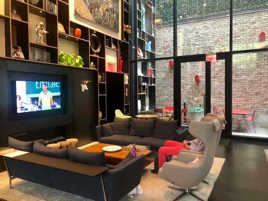 The Living Room common area at the CitizenM Bowery Hotel
