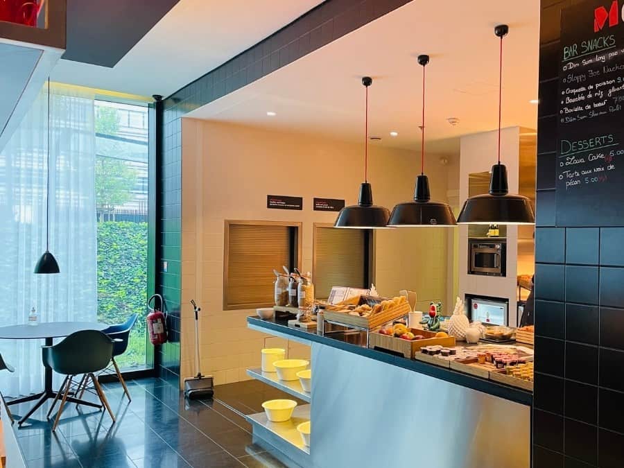 A plentiful breakfast with French croissants at CitizenM CDG Hotel Paris