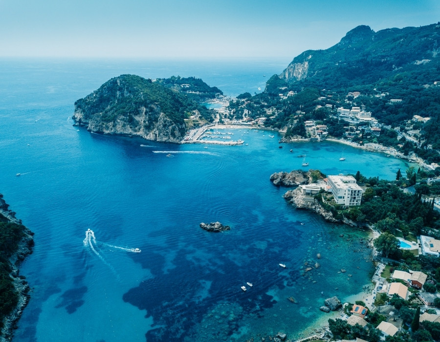 The coastline of the island of Corfu, Greece