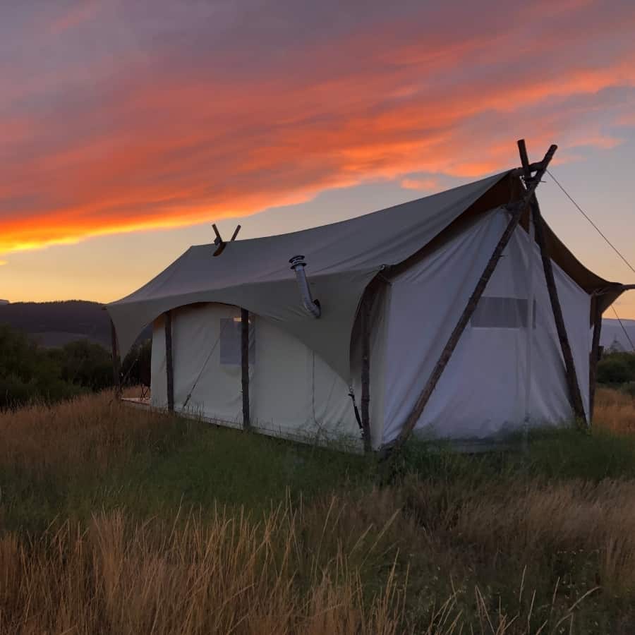 Glamping tent in Yellowstone with sunset