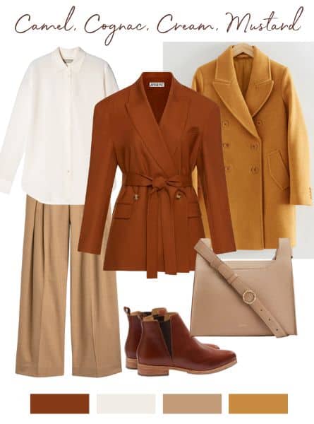 Fall capsule wardrobe items in the color palette: tan, cream, cognac and mustard. Tan trousers, cream silk blouse, cognac brown belted jacket, mustard peacoat, brown booties and a tan handbag.
