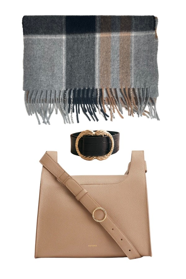 A grey plaid scarf, black belt and tan handbag are pictured against a white background.