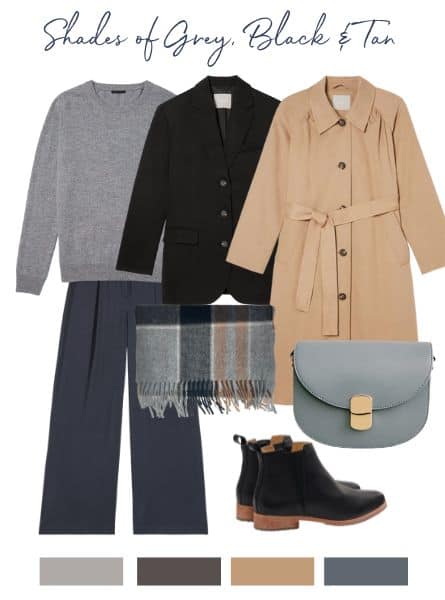Fall capsule wardrobe for travel in shades of grey, and black and tan. Grey trousers, a grey sweater, black blazer, tan trench coat, black ankle booties, and a grey handbag. A plaid scarf is also shown in colors of grey and tan.