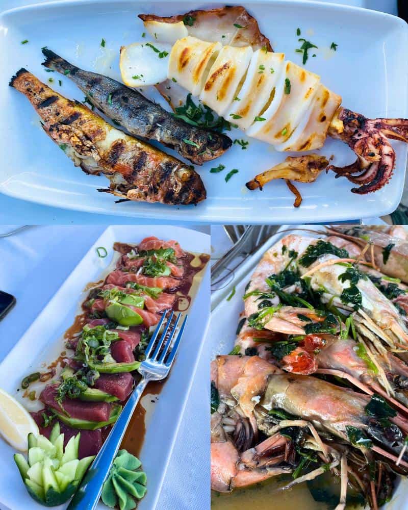 Three pictures are grouped together showing different types of fish and seafood including shrimp, tuna and squid.