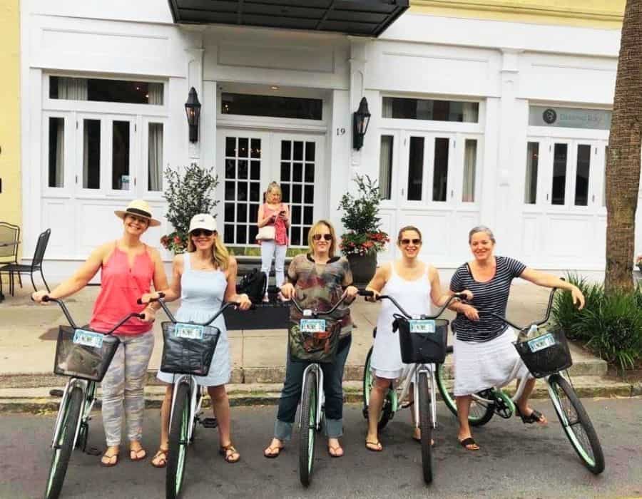Susan Heinrich and friends on bikes ready to explore Charleston, one of her favourite girls weekend destinations
