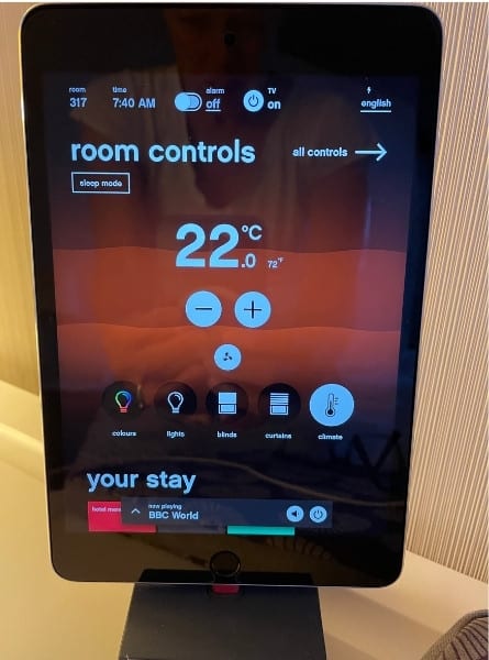 An iPad shows room controls at CitizenM Paris CDG