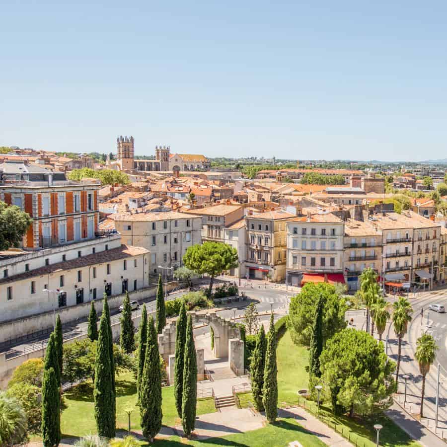 The city of Montpellier with cyprus trees and palm trees in the foreground and historic buildings beyond.