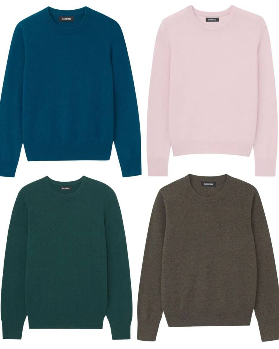 Four cashmere crewneck sweaters in blue, pink, green and olive.