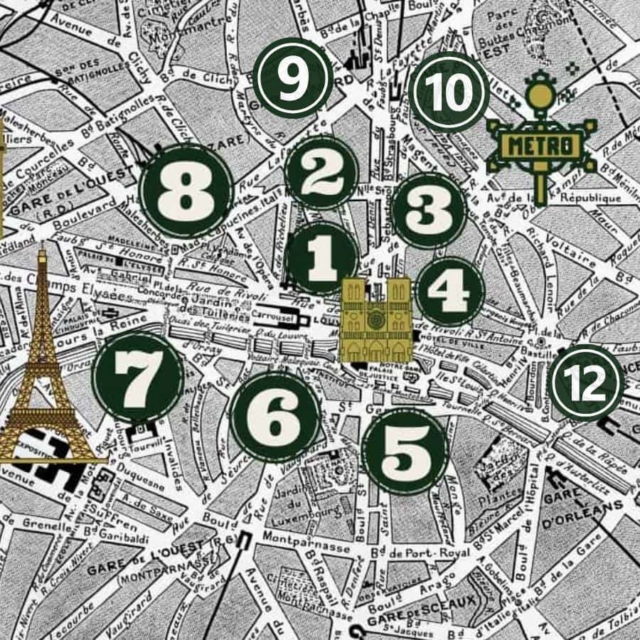 A black and white map of central Paris includes an icon of the Eiffel Tower and round green circles are numbered 1 to 12 (but 11 is missing).