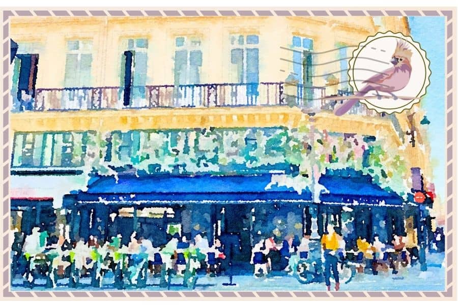 An illustration of a cafe in Paris with the midlife globetrotter logo as a stamp