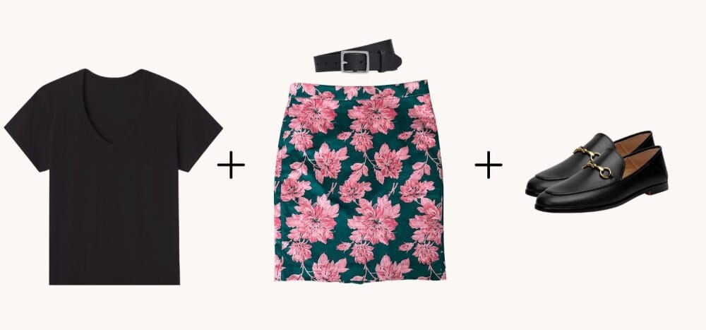 Wardrobe pieces are pictured with plus signs between them: a black tee, floral patterned skirt and black loafers