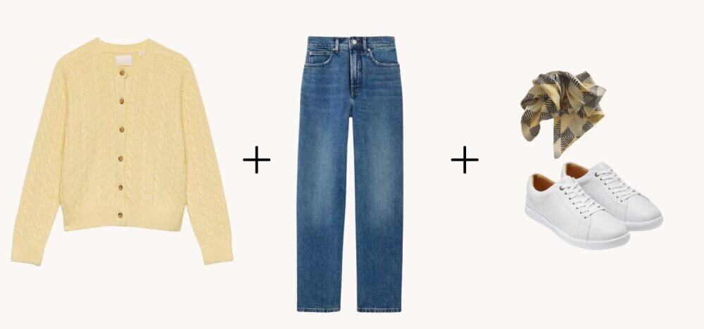 Wardrobe pieces are pictured with plus signs between them: a yellow cardigan, blue jeans and white sneakers.