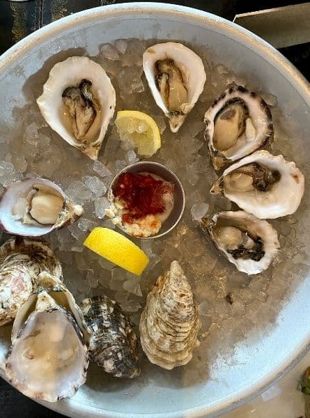 A plate of oysters on ice with a lemon and red sauce