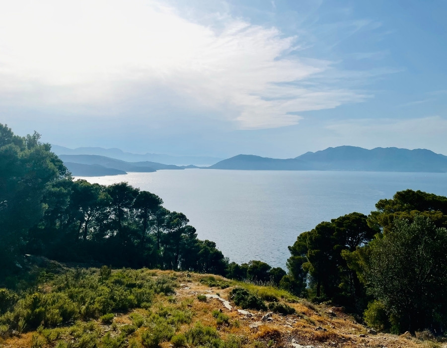 Panoramic view from a hilltop on an e-bike ride around Poros Greece