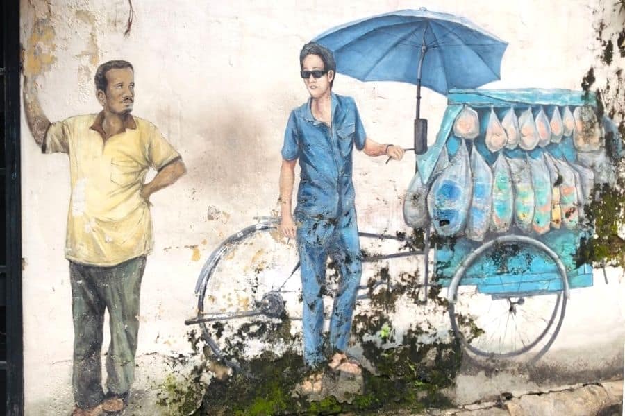 A street mural depicts a Traditional Chinese Rickshaw Vendor