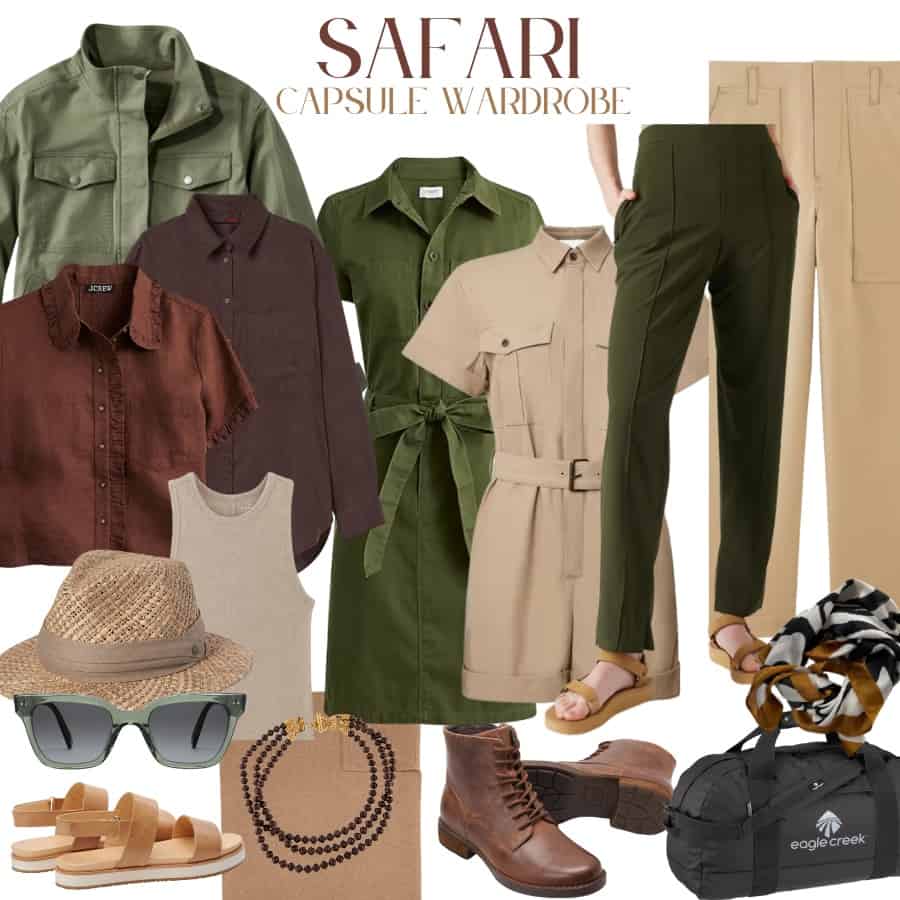Safari Style Capsule Attire with 15 pieces: jacket, shirts, pants, romper, hat, glasses and scarf all in shades of khaki, tan and brown. Also pictured are ankle boots and sandals, a sun hat and sunglasses.