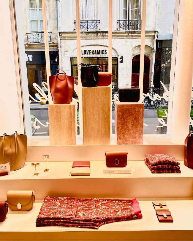 A window display of Sézane handbags and other items at the Le Marais store in Paris.