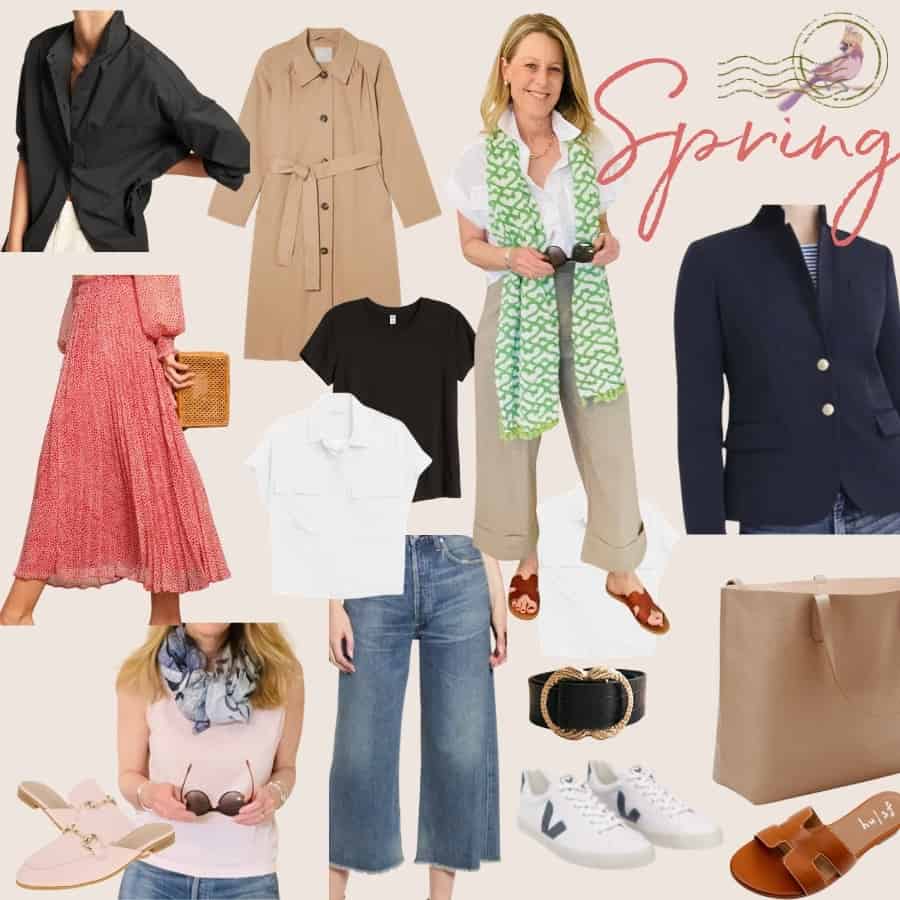 Spring clothing pieces create a capsule wardrobe for stylish and easy travel outfits