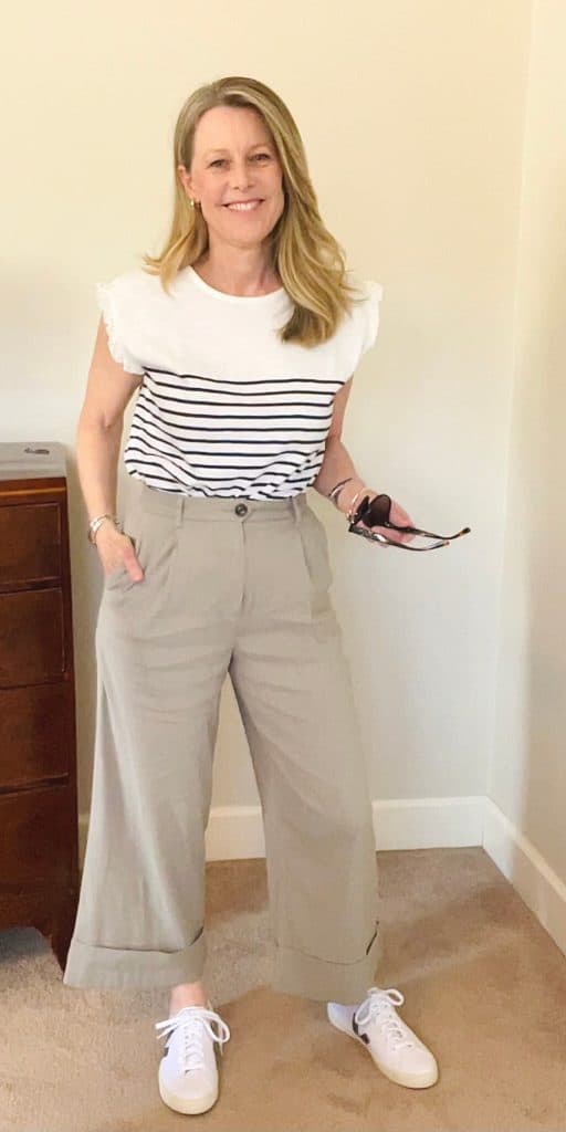 Susan Heinrich wears trousers and a striped t from her spring capsule wardrobe