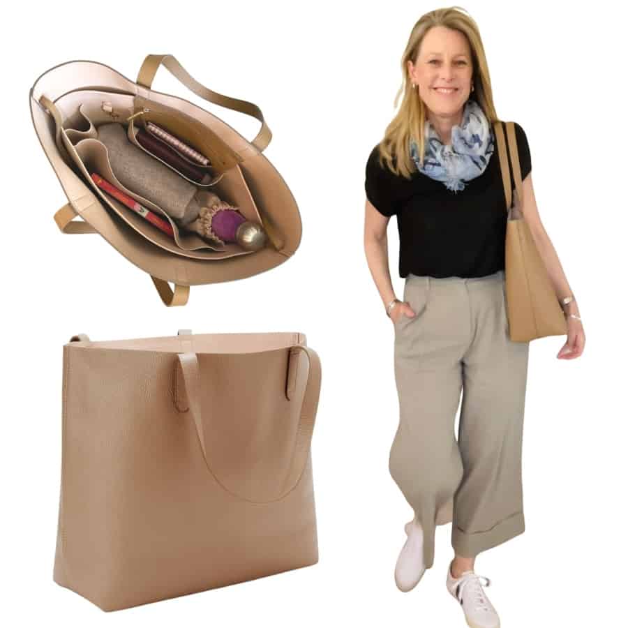 Susan Heinrich carries a tan tote bag by Cuyana, with two additional photos of the outside and inside of the bag