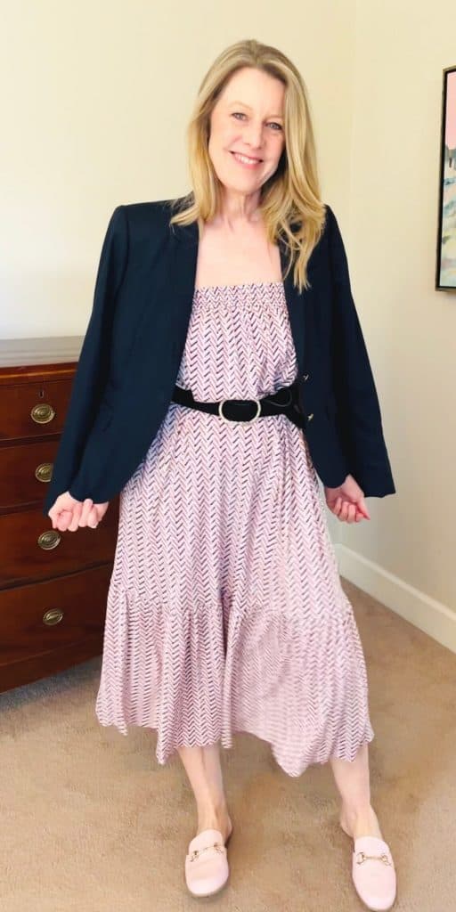 Spring capsule wardrobe evening outfit - dress and a navy blazer