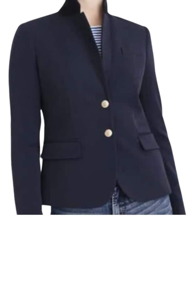 A navy blazer is a staple in a spring capsule wardrobe for vacation to Europe