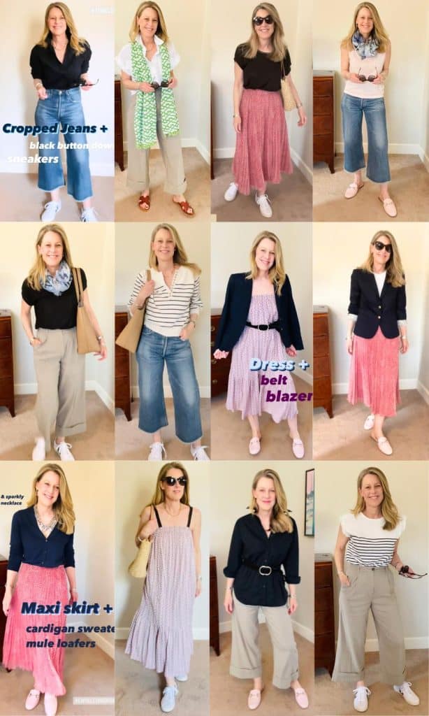 A woman wears 12 different outfits from her spring capsule wardrobe of 15 pieces. Colors are mostly navy, white, pink and a couple of black items.