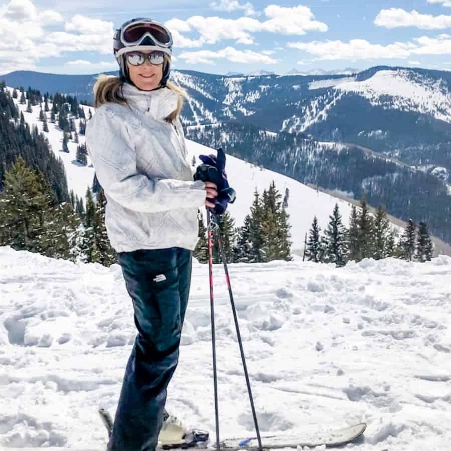Susan Heinrich is on skis at the top of the back bowls in Vail Colorado