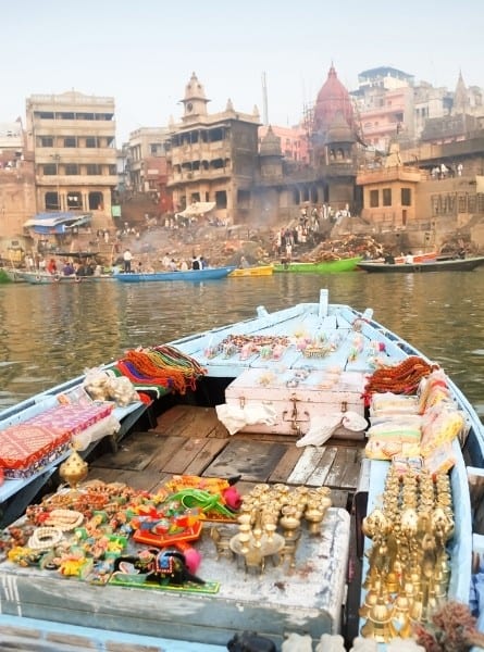 The Ghats of Varanasi from a boat on the Ganges River India