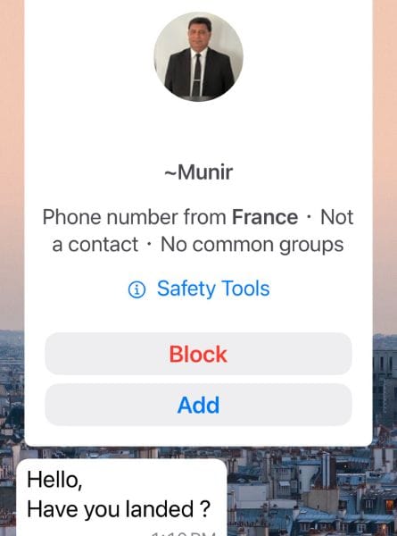 A WhatsApp message from a driver with Welcome Pickups. It shows his photo adn name and the message asks if my flight had landed.